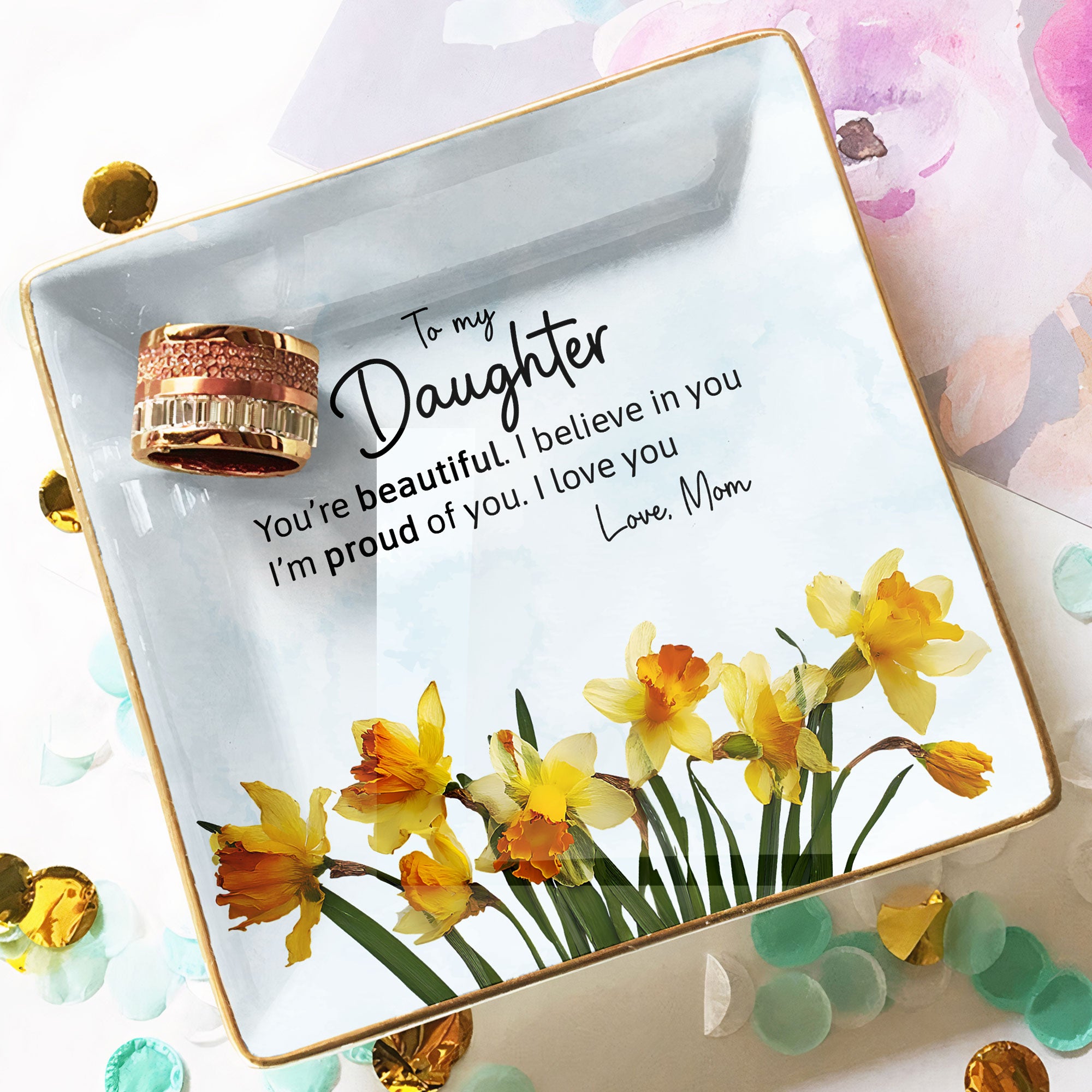 Inspirational Gift For Her Faux Pressed Birth Flower - Personalized Jewelry Dish