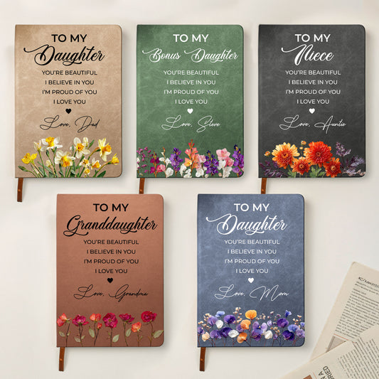 Inspirational Gift For Her Faux Pressed Birth Flower - Personalized Leather Journal