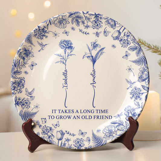 It Takes A Long Time To Grow An Old Friend - Custom Birth Flower Toile De Jouy - Personalized Ceramic Plate