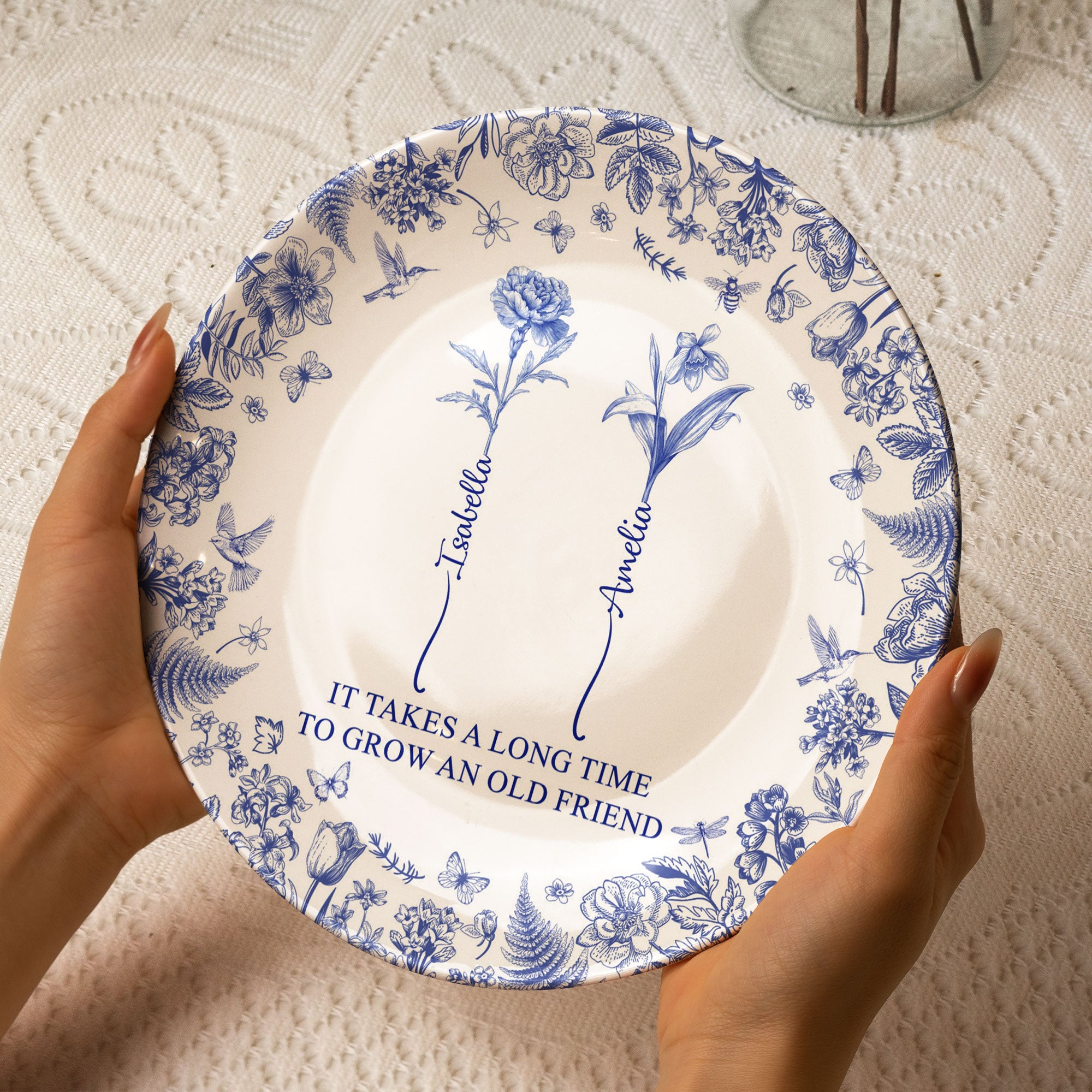 It Takes A Long Time To Grow An Old Friend - Custom Birth Flower Toile De Jouy - Personalized Ceramic Plate