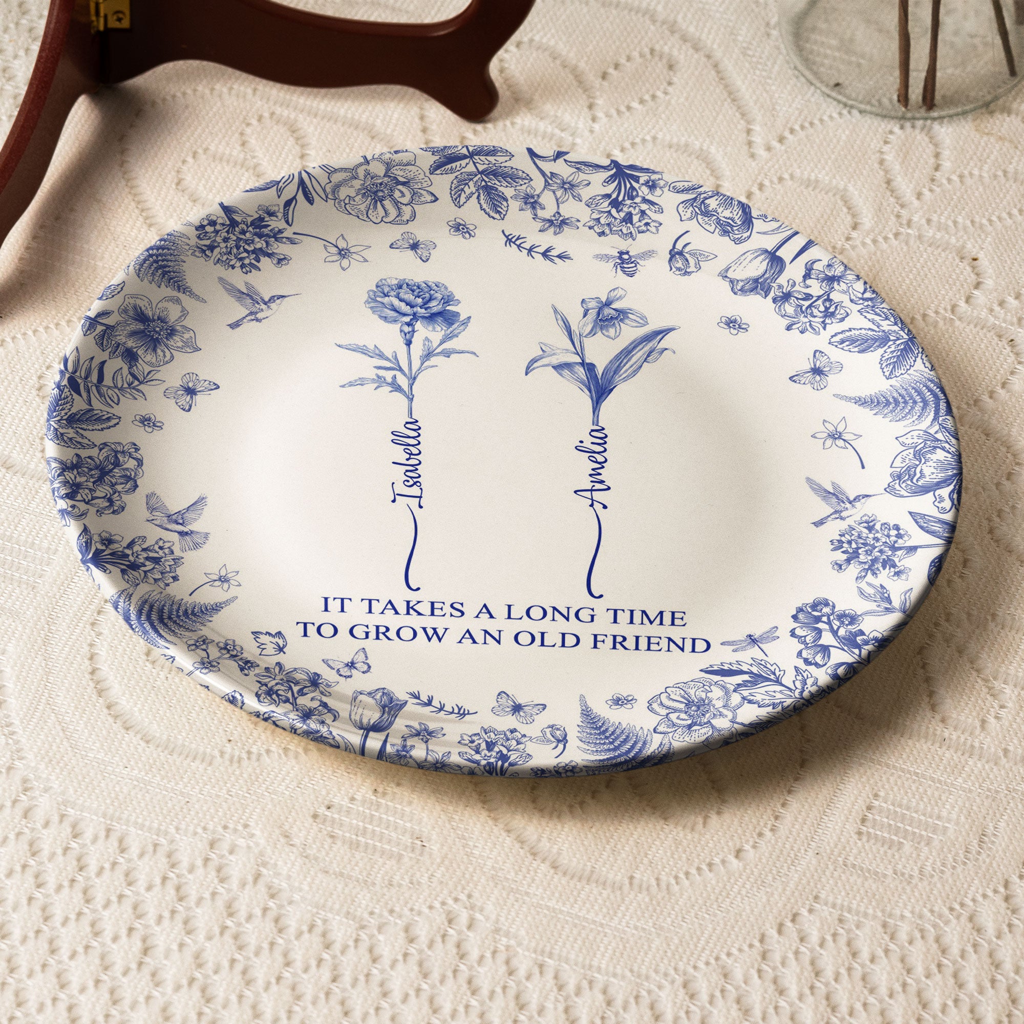 It Takes A Long Time To Grow An Old Friend - Custom Birth Flower Toile De Jouy - Personalized Ceramic Plate