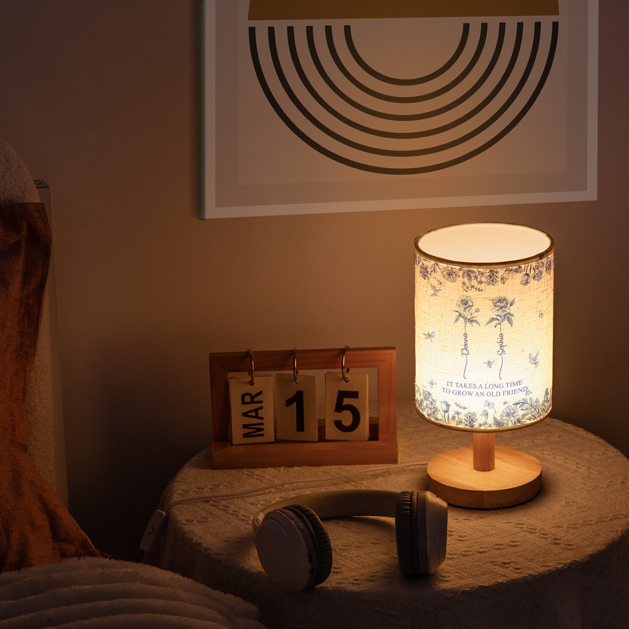 It Takes A Long Time To Grow An Old Friend - Custom Birth Flower Toile De Jouy - Personalized Fabric Lamp