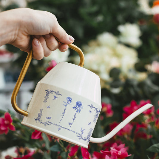 It Takes A Long Time To Grow An Old Friend - Custom Birth Flower Toile De Jouy - Personalized Indoor Watering Can