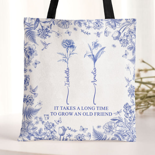 It Takes A Long Time To Grow An Old Friend Custom Birth Flower Toile De Jouy - Personalized Tote Bag
