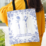 It Takes A Long Time To Grow An Old Friend Custom Birth Flower Toile De Jouy - Personalized Tote Bag