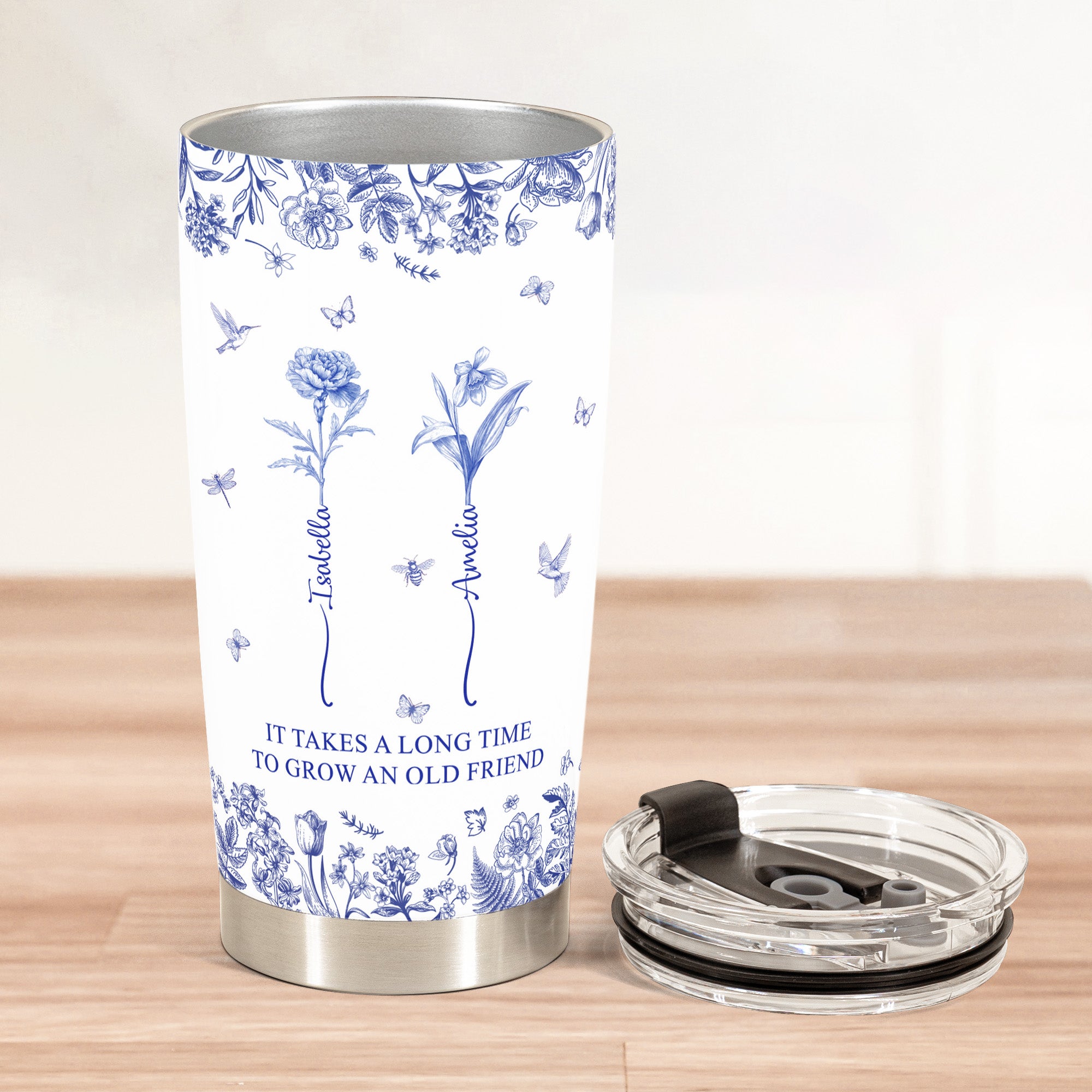 It Takes A Long Time To Grow An Old Friend Custom Birth Flower Toile De Jouy - Personalized Tumbler Cup - Christmas Gift For Friend