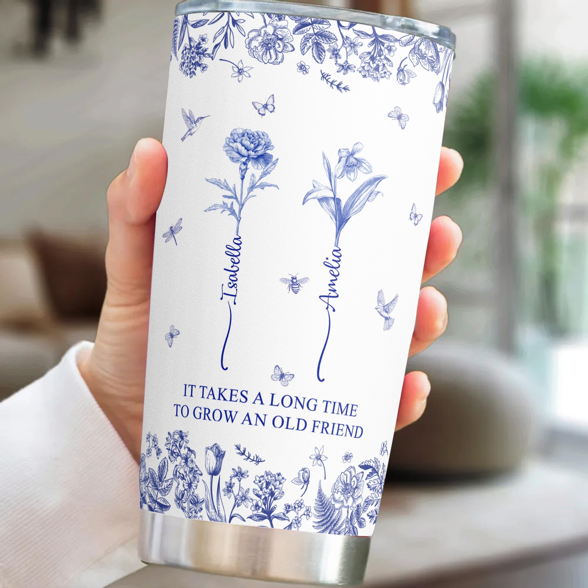 It Takes A Long Time To Grow An Old Friend Custom Birth Flower Toile De Jouy - Personalized Tumbler Cup - Christmas Gift For Friend