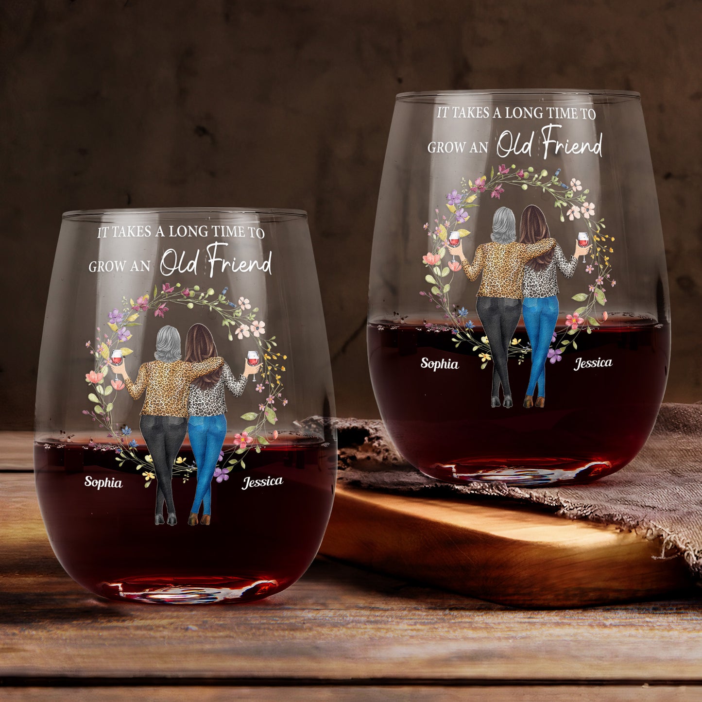 It Takes A Long Time To Grow An Old Friend - Personalized Stemless Wine Glass