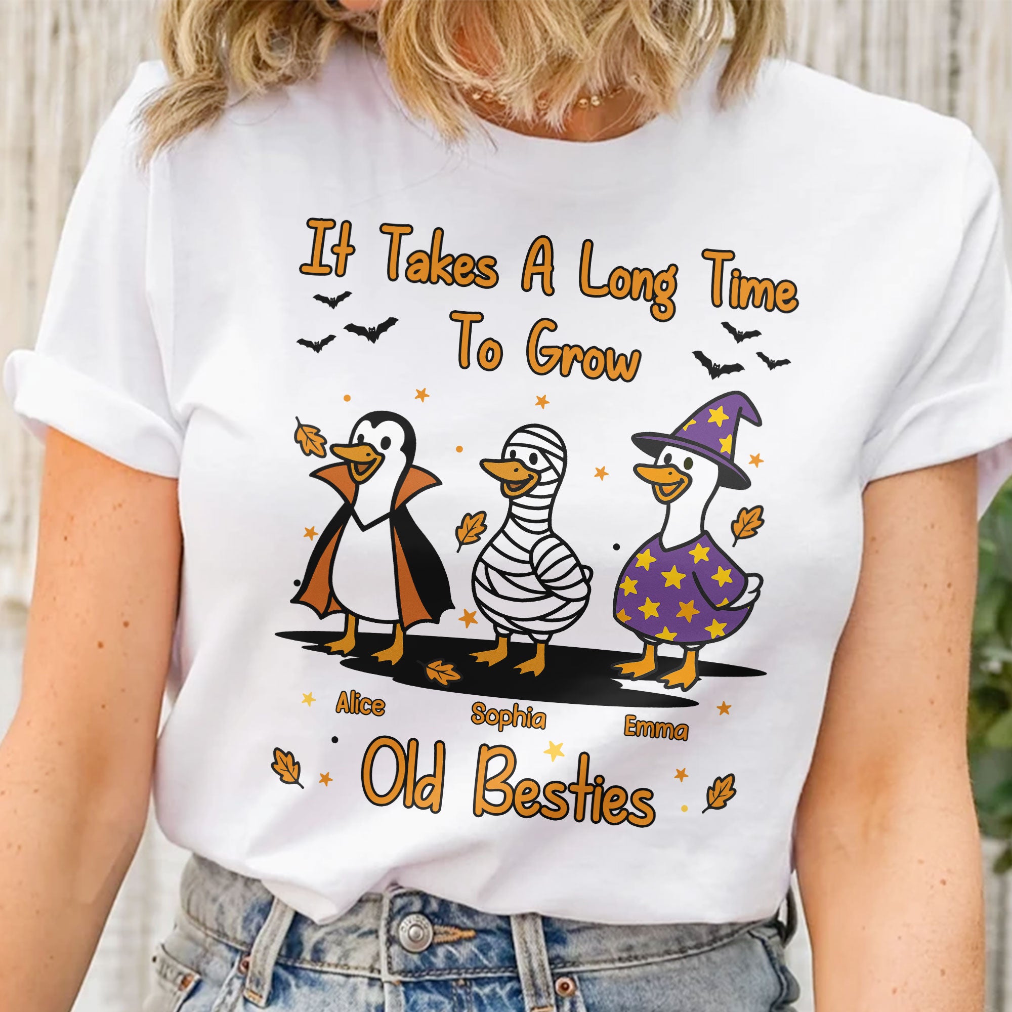 It Takes A Long Time To Grow Old Friends, Besties Halloween Goose - Personalized Shirt