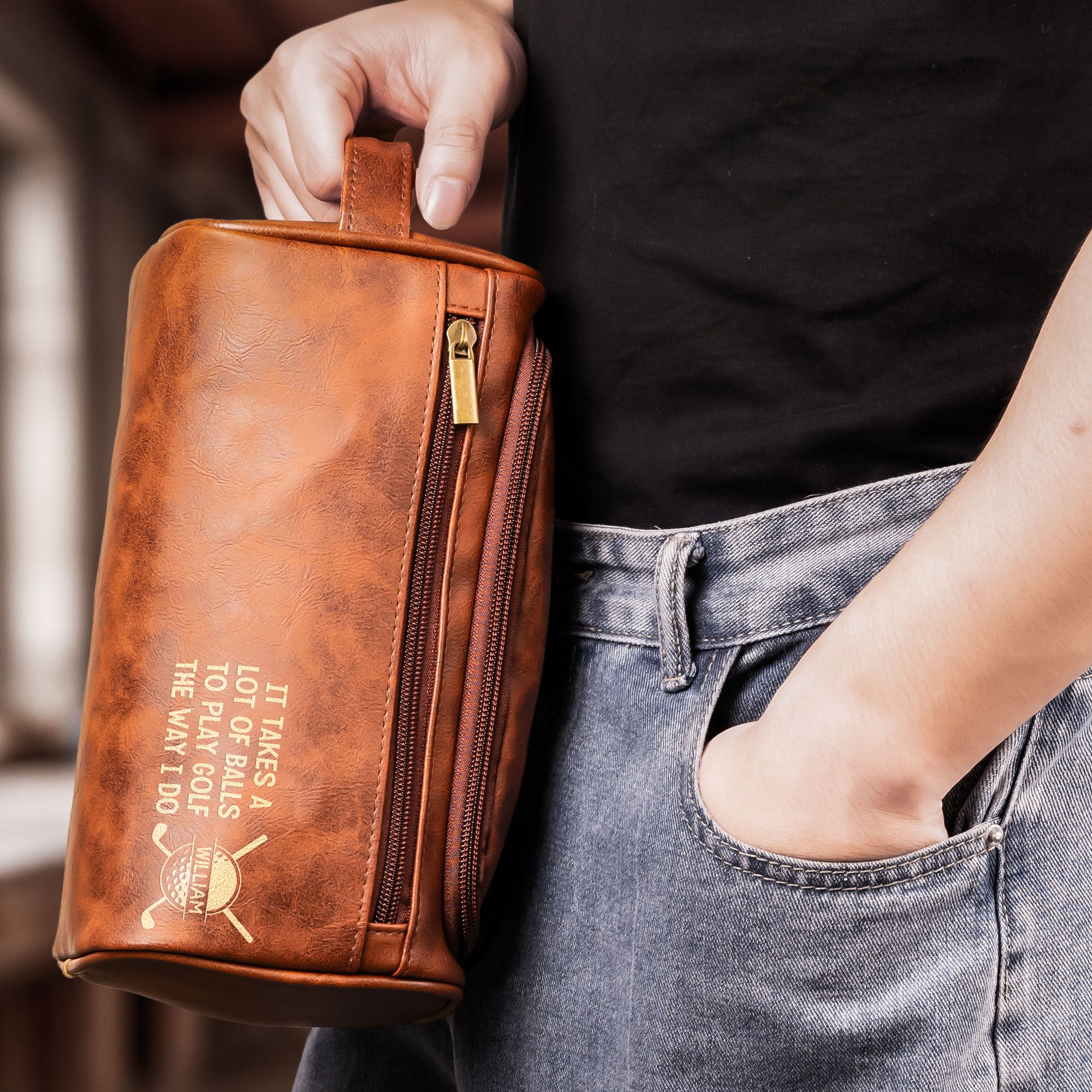 It Takes A Lot Of Balls To Play Golf The Way I Do - Personalized Leather Toiletry Bag
