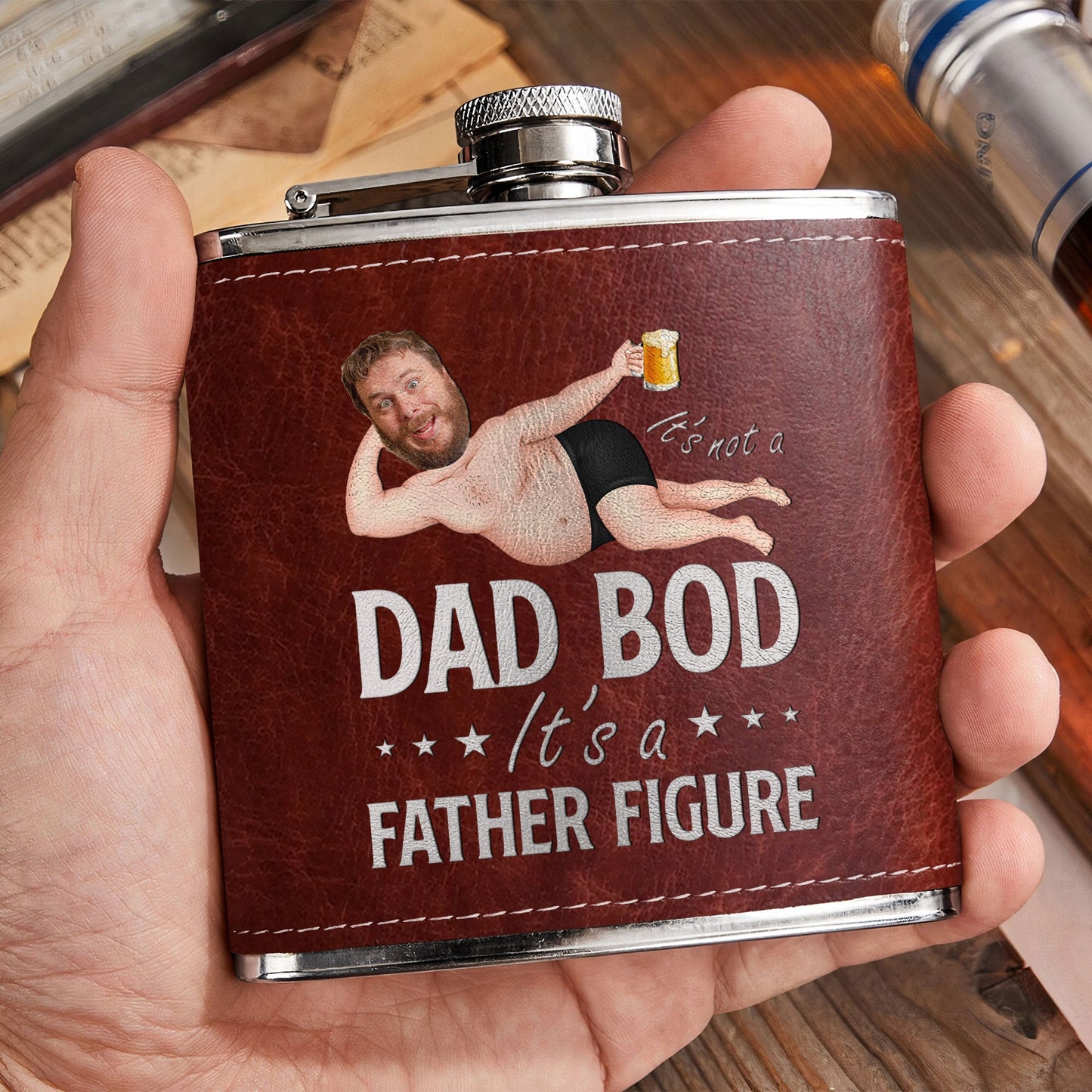 Its Not A Dad Bod It's A Father Figure Funny - Personalized Photo Leather Flask