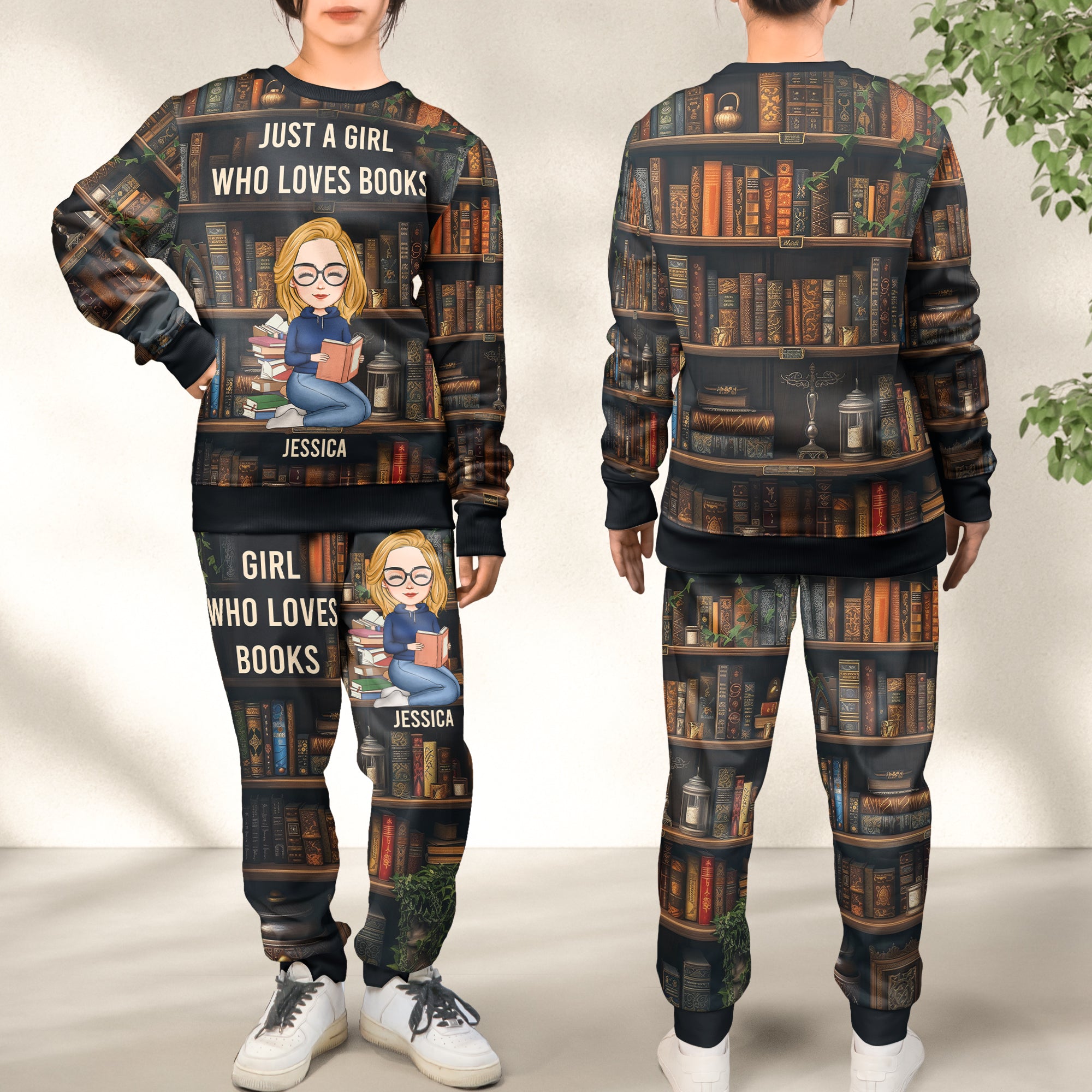 Just A Girl Who Loves Books - Personalized Sweatshirt And Sweatpants Set - Lounge Pants  With Pockets, Custom Pajama Pants, Jogger Sweatpants, Gift For Her