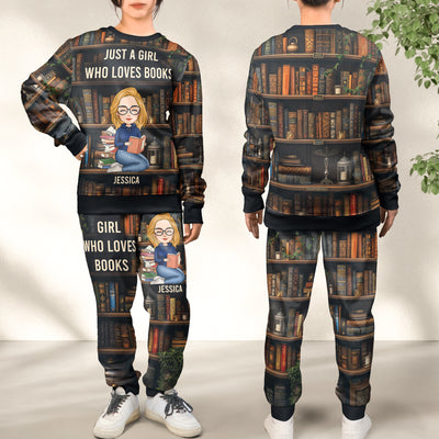 Just A Girl Who Loves Books - Personalized Sweatshirt And Sweatpants Set - Lounge Pants  With Pockets, Custom Pajama Pants, Jogger Sweatpants, Gift For Her