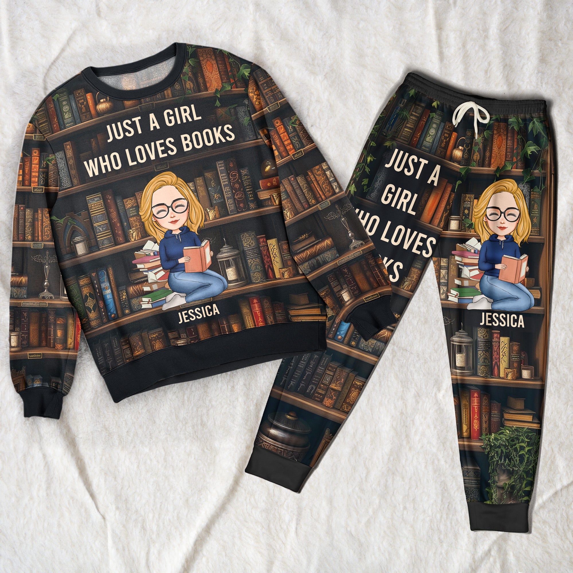 Just A Girl Who Loves Books - Personalized Sweatshirt And Sweatpants Set - Lounge Pants  With Pockets, Custom Pajama Pants, Jogger Sweatpants, Gift For Her