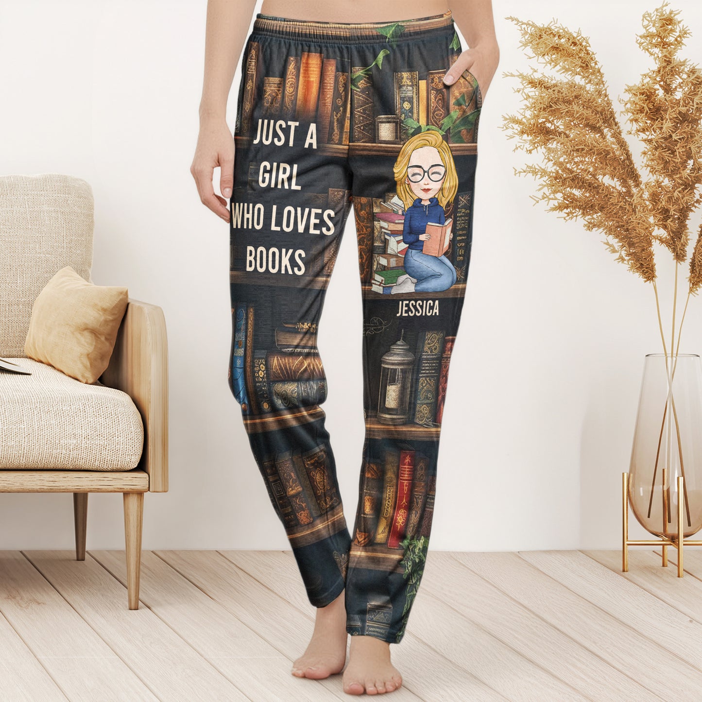 Just A Girl Who Loves Books - Personalized Sweatpants, Lounge Pants With Pockets, Custom Pajama Pants, Jogger Sweatpants, Gift For Her