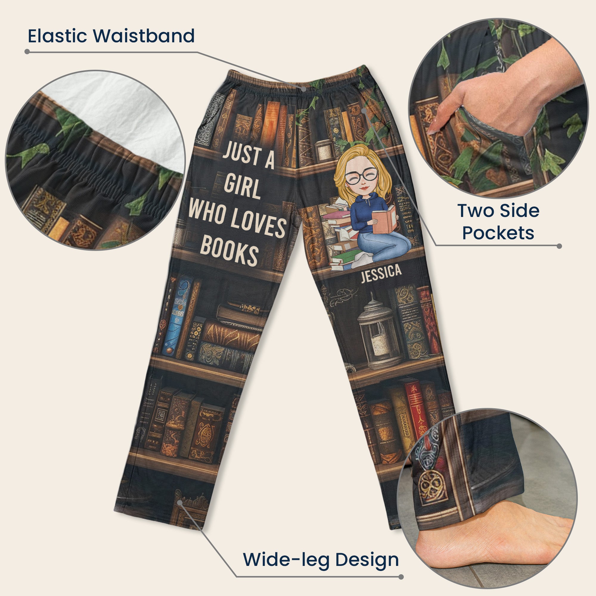 Just A Girl Who Loves Books - Personalized Sweatpants, Lounge Pants With Pockets, Custom Pajama Pants, Jogger Sweatpants, Gift For Her