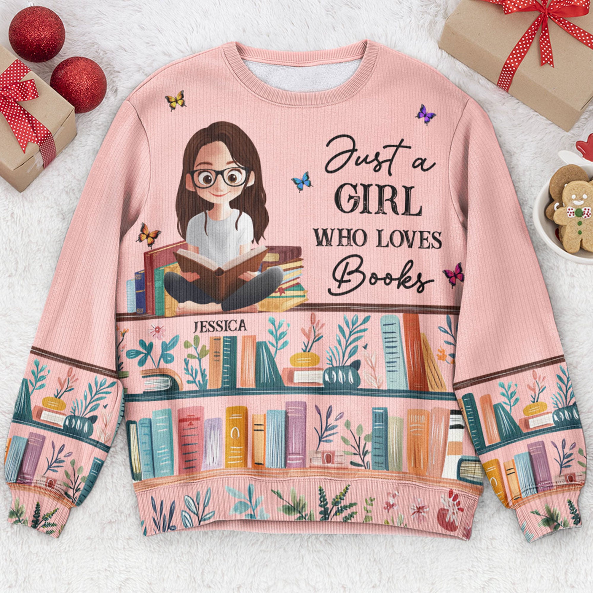 Just A Girl Who Loves Books - Personalized Ugly Sweater - Christmas Gift For Daughter