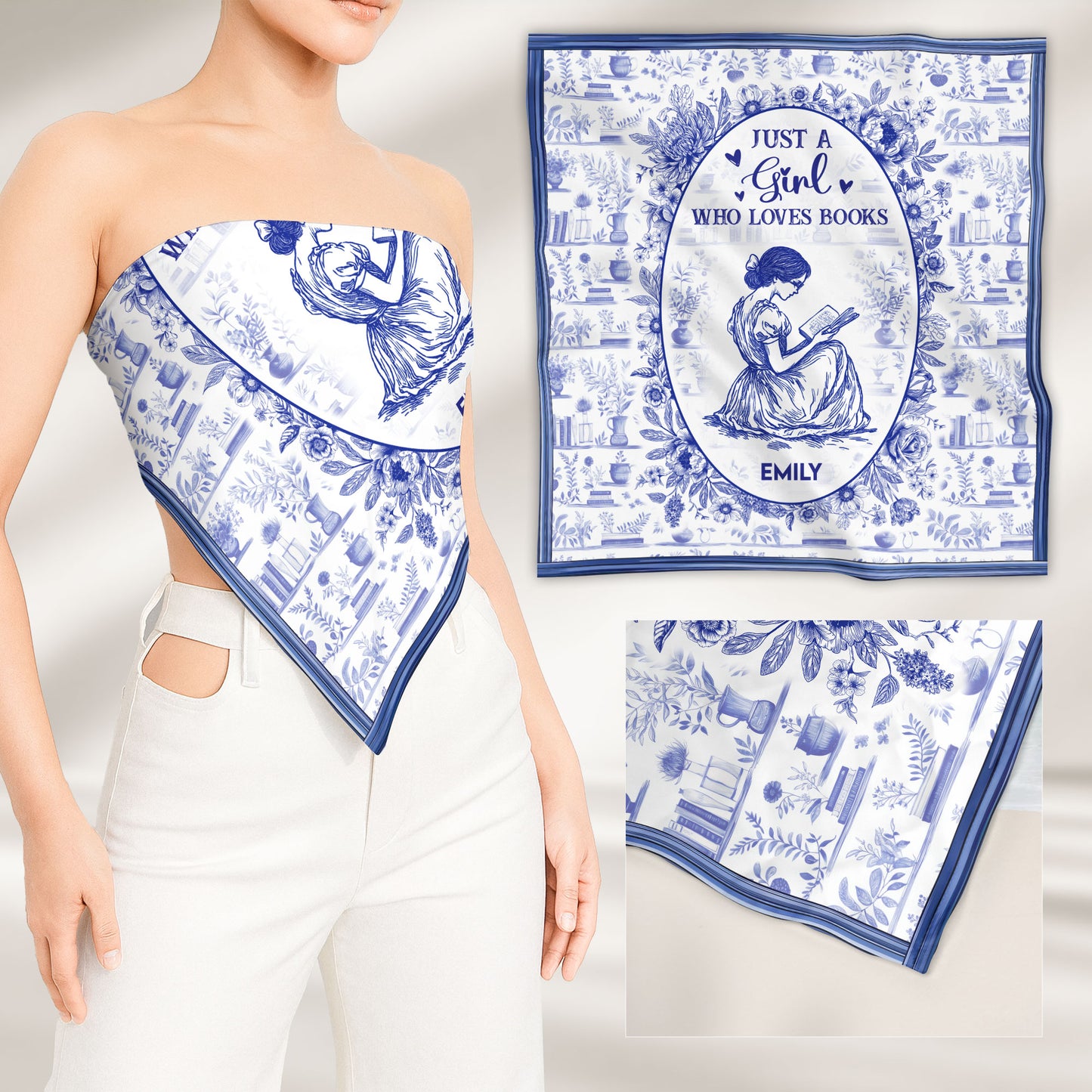 Just A Girl Who Loves Books Toile De Jouy - Personalized Satin Scarf