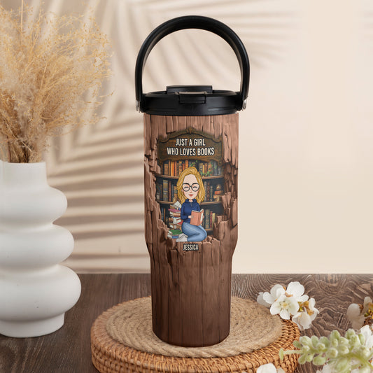 Just A Girl Who Loves Books-Wood Effect - Personalized 30oz Tumbler With Handle