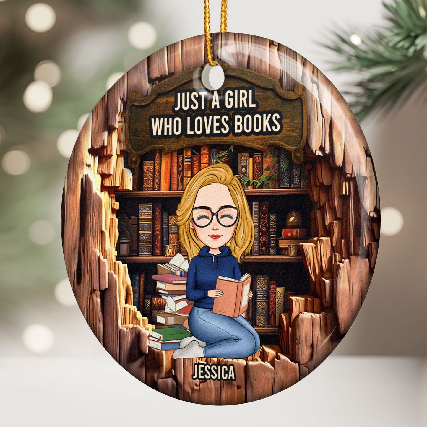 Just A Girl Who Loves Books - Wood Effect - Personalized Ceramic Ornament - Gift For Daughter