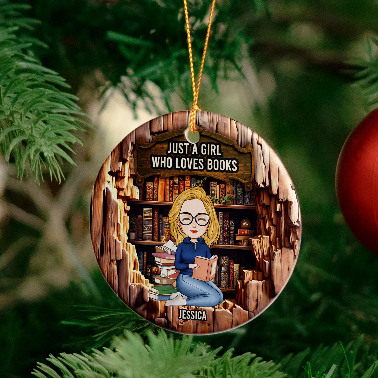 Just A Girl Who Loves Books - Wood Effect - Personalized Ceramic Ornament - Gift For Daughter