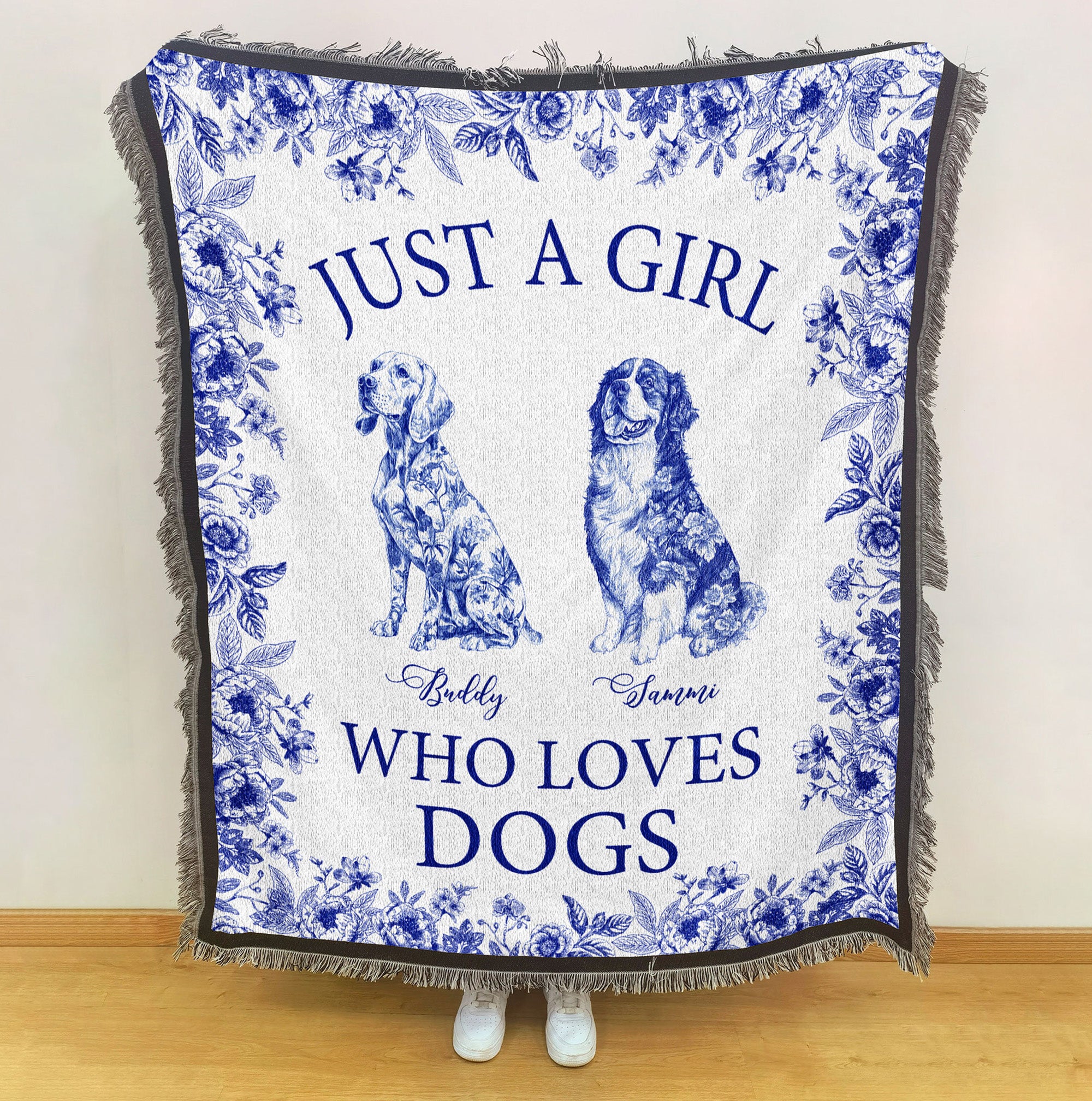 Just A Girl Who Loves Dogs Toile De Jouy Chinoiserie - Personalized Woven Blanket