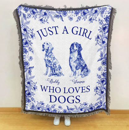 Just A Girl Who Loves Dogs Toile De Jouy Chinoiserie - Personalized Woven Blanket