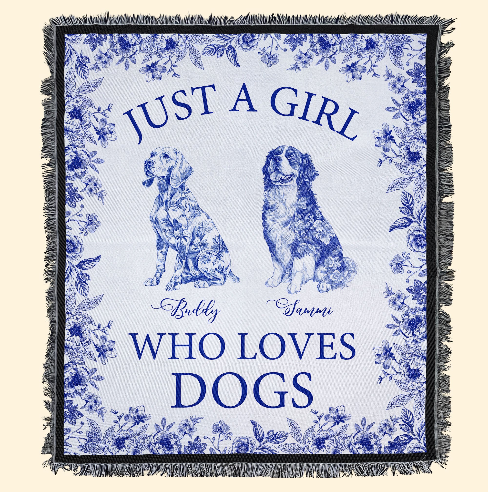 Just A Girl Who Loves Dogs Toile De Jouy Chinoiserie - Personalized Woven Blanket