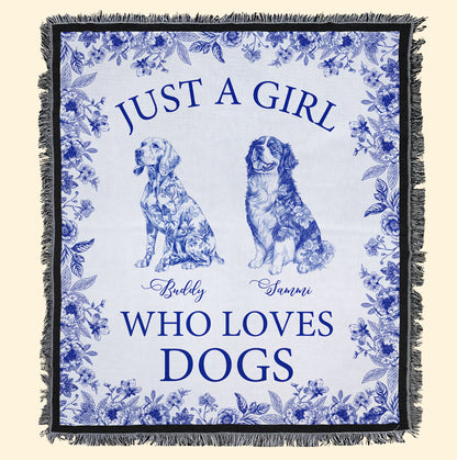 Just A Girl Who Loves Dogs Toile De Jouy Chinoiserie - Personalized Woven Blanket