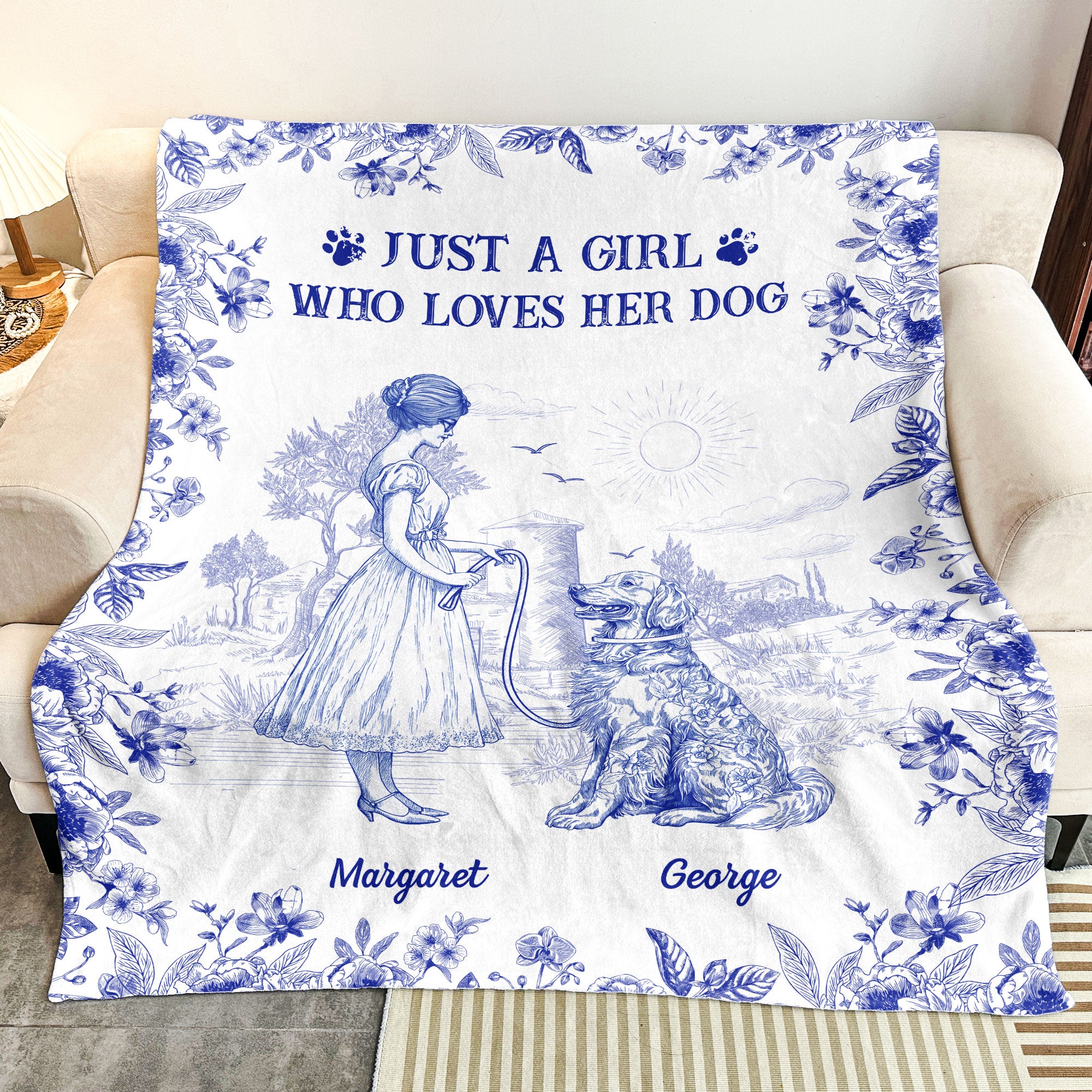 Just A Girl Who Loves Her Dogs Toile De Jouy French Style - Personalized Blanket