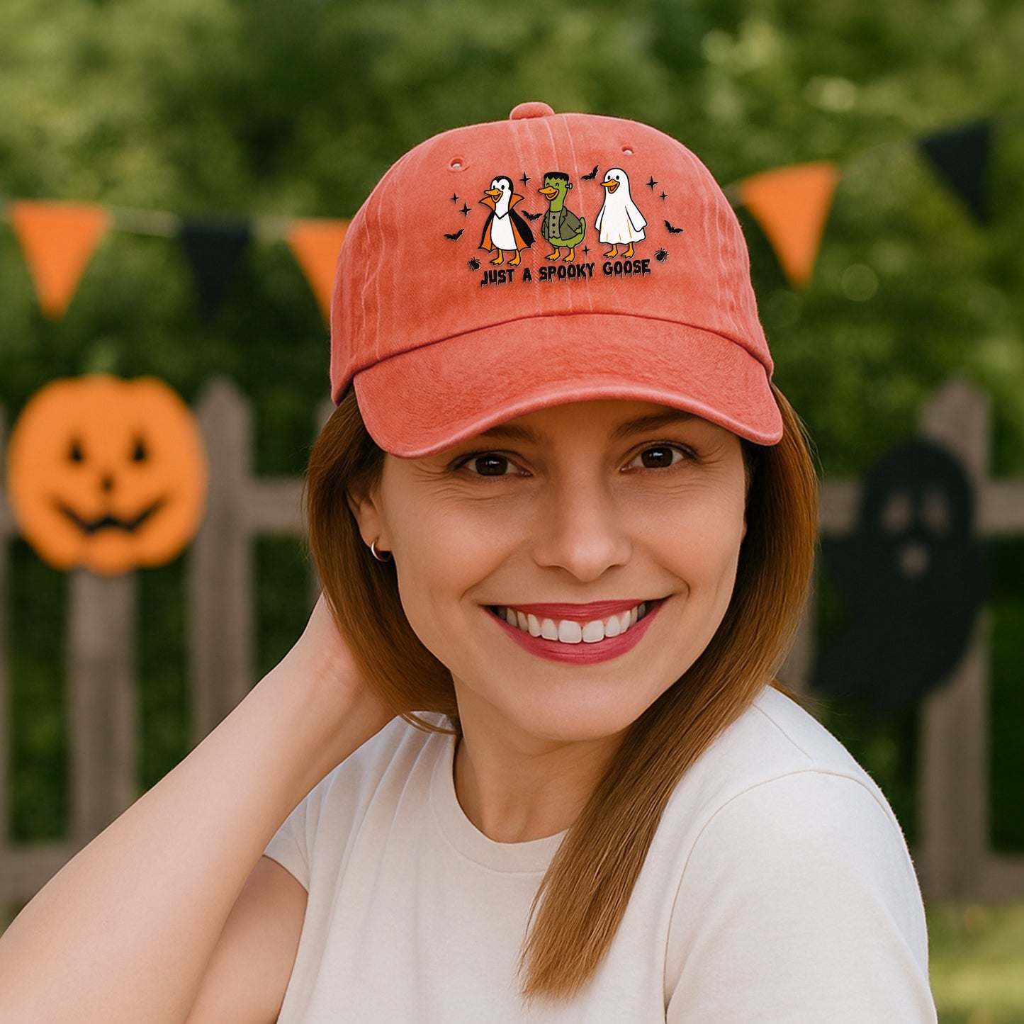 Just A Spooky Goose - Personalized Distressed Denim Cap