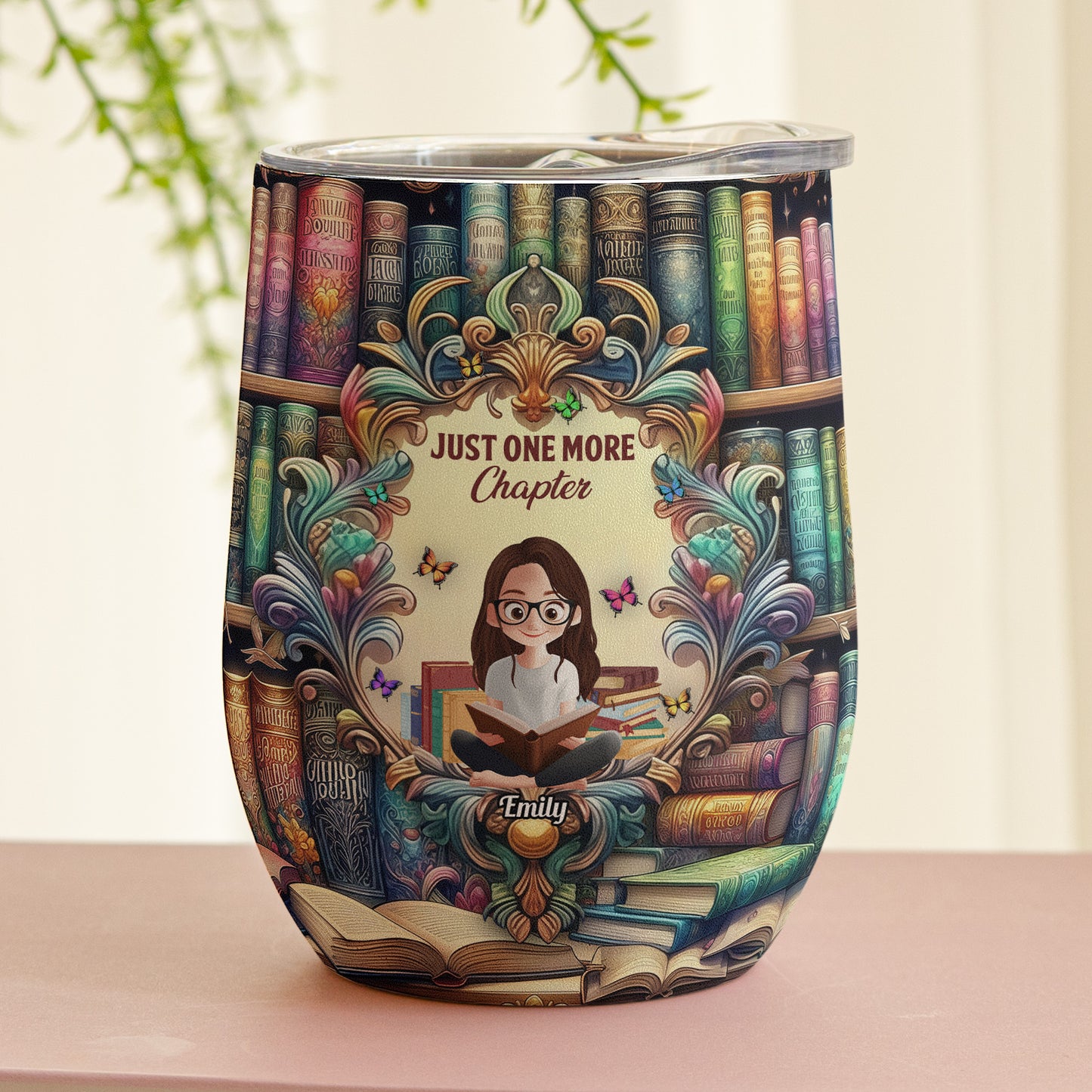 Just One More Chapter, Fantasy Bookshelf - Personalized Wine Tumbler