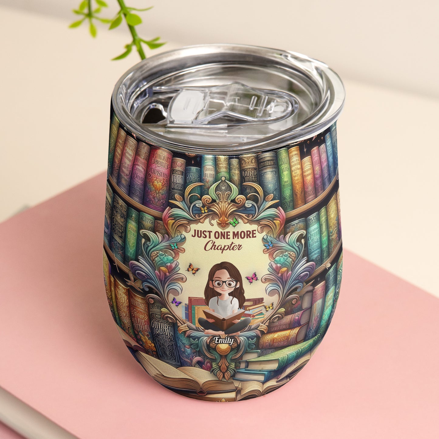 Just One More Chapter, Fantasy Bookshelf - Personalized Wine Tumbler
