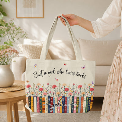 Just A Girl Who Loves Books - Custom Name, Quote & Birth Flower - Personalized Tote Bag
