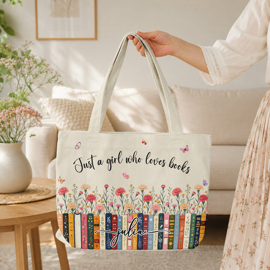 Just-A-Girl-Who-Loves-Books-Custom-Name,-Quote-&-Birth-Flower-Personalized-Tote-Bag-1