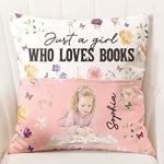 Just-A-Girl-Who-Loves-Books,-Portrait-Photo,-Watercolor-Style-Personalized-Pillow3