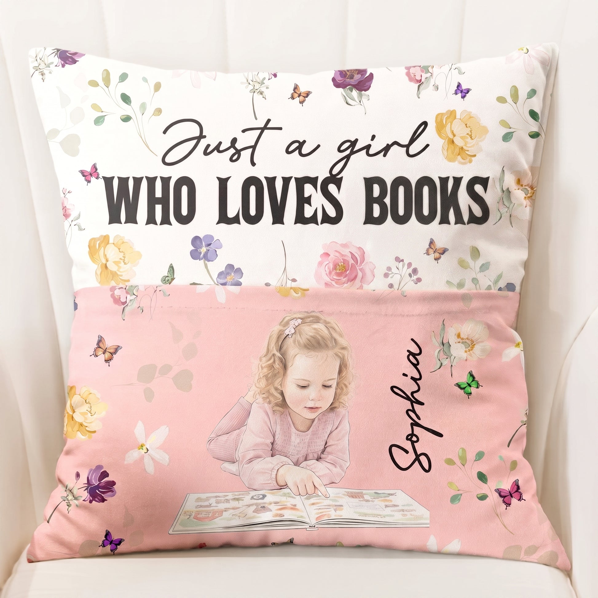 Just-A-Girl-Who-Loves-Books,-Portrait-Photo,-Watercolor-Style-Personalized-Pillow3