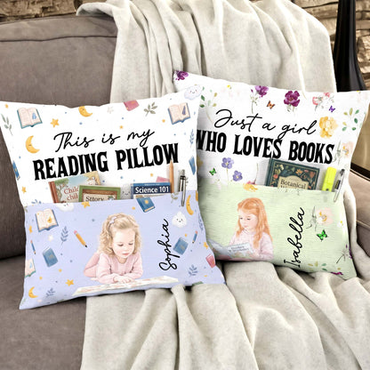 Just-A-Girl-Who-Loves-Books,-Portrait-Photo,-Watercolor-Style-Personalized-Pillow4