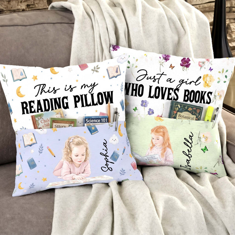 Just-A-Girl-Who-Loves-Books,-Portrait-Photo,-Watercolor-Style-Personalized-Pillow4