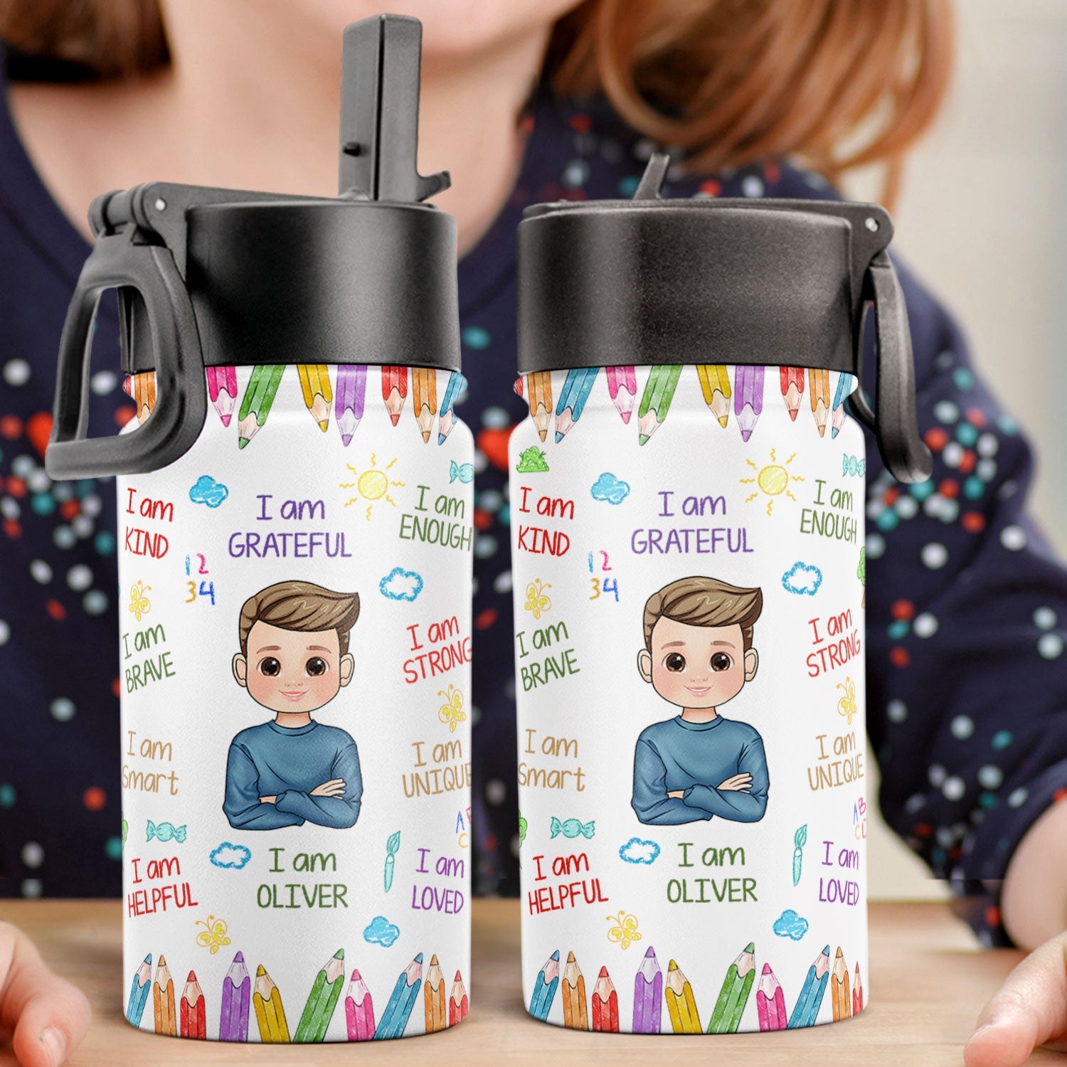 Kid Affirmations I Am Kind - Personalized Kids Water Bottle With Straw ...
