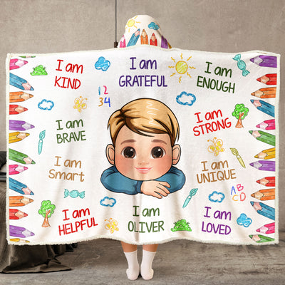 Kid Affirmations I Am Kind Smart Loved - Personalized Photo Wearable Blanket Hoodie