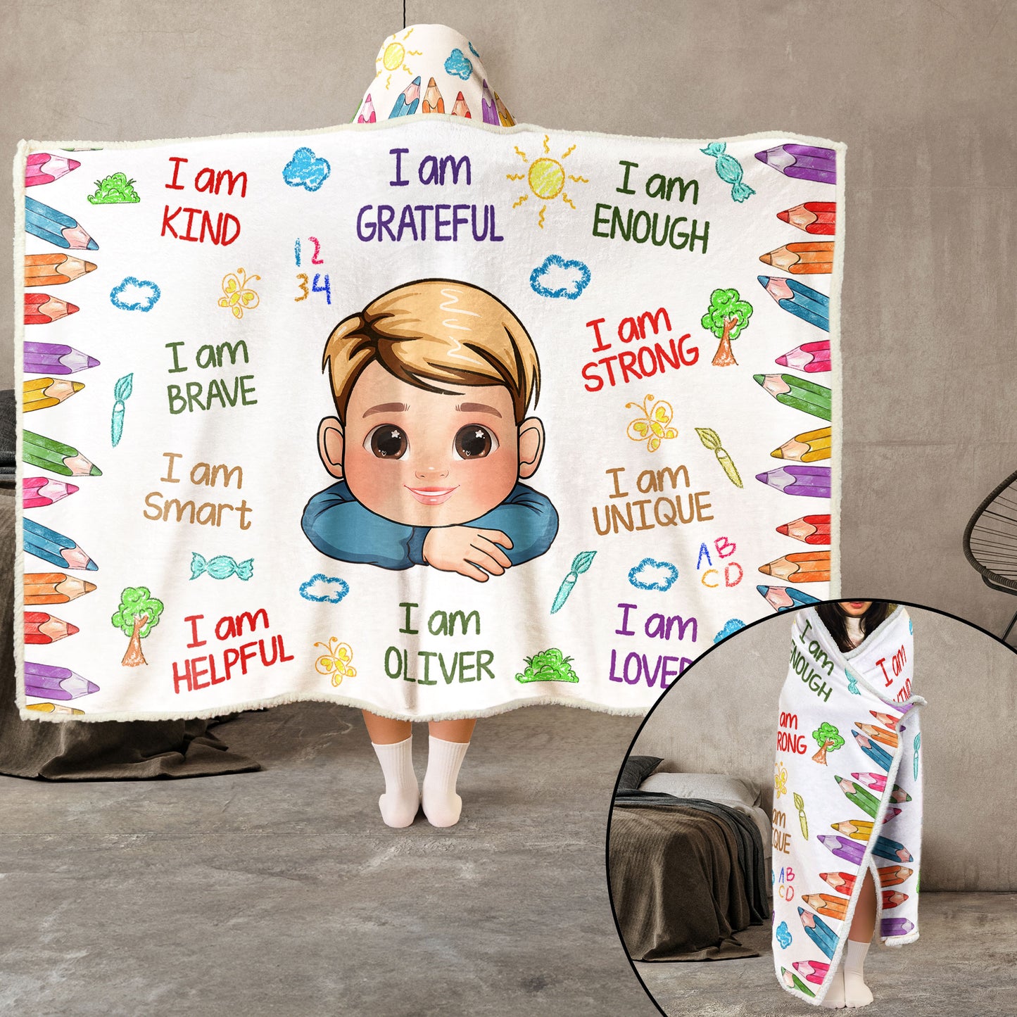 Kid Affirmations I Am Kind Smart Loved - Personalized Photo Wearable Blanket Hoodie