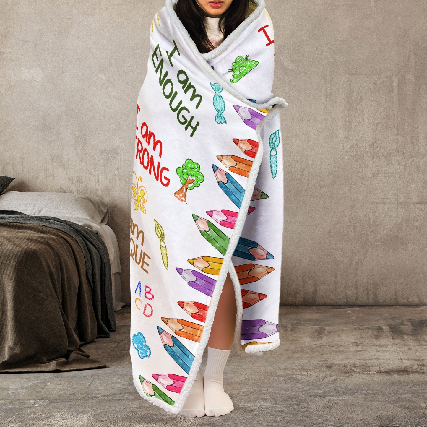 Kid Affirmations I Am Kind Smart Loved - Personalized Photo Wearable Blanket Hoodie