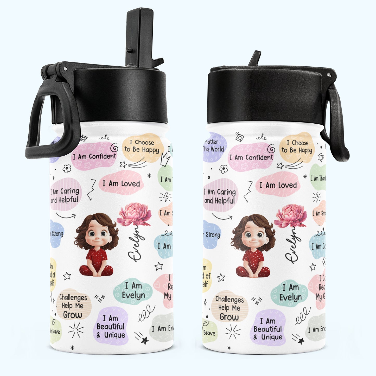 Kid Birth Flower Affirmation - Personalized Kids Water Bottle With Straw Lid
