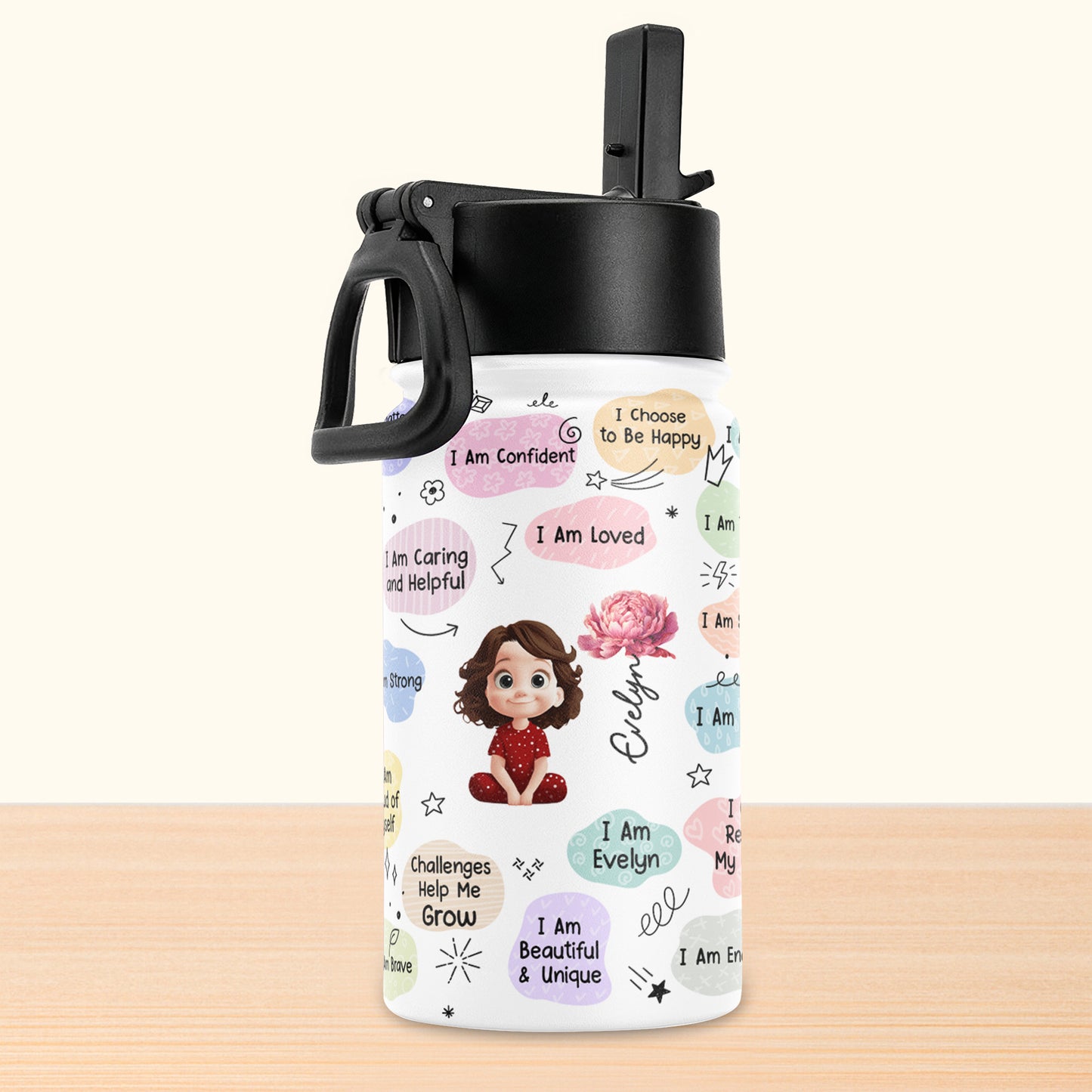 Kid Birth Flower Affirmation - Personalized Kids Water Bottle With Straw Lid