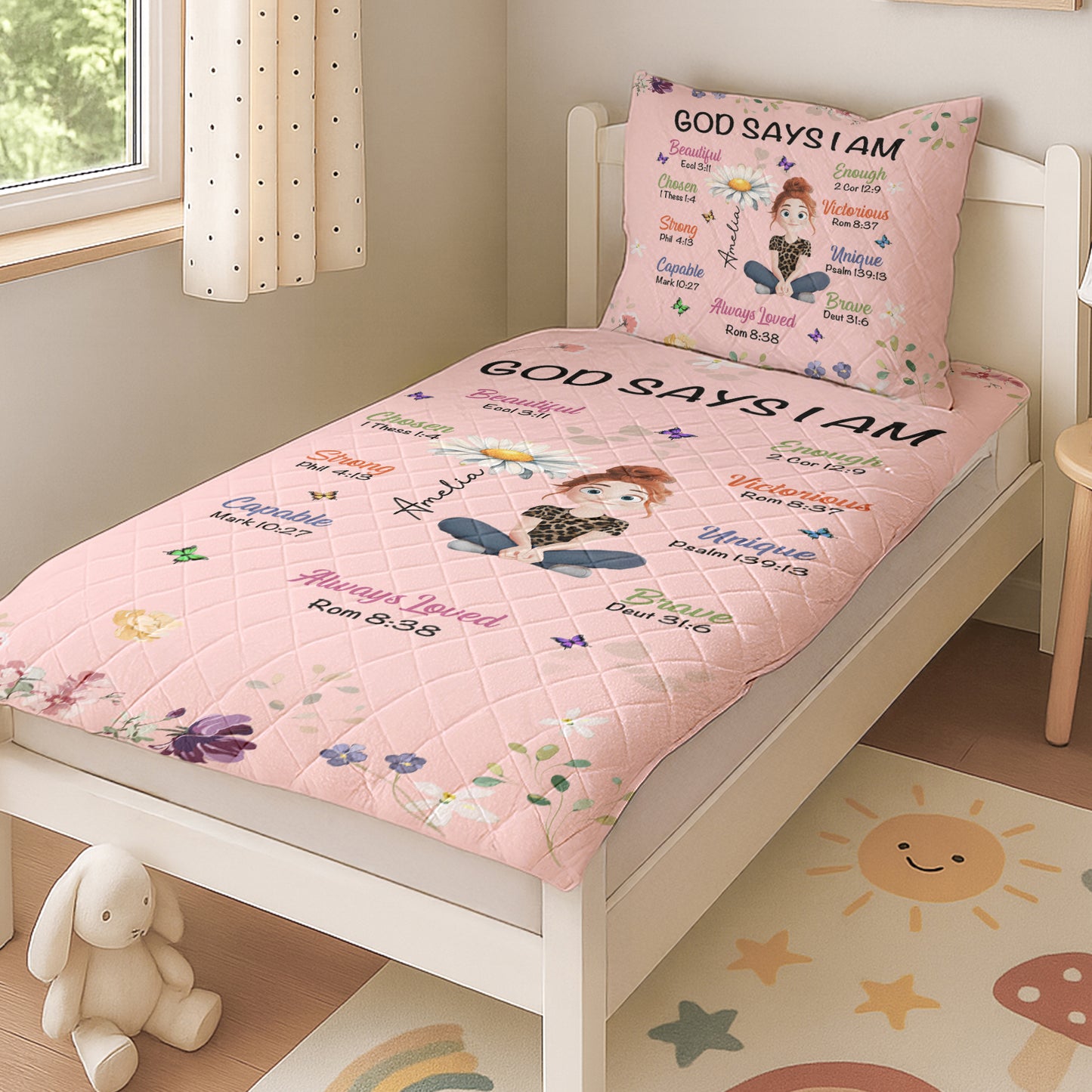 Kid Birth Flower God Says I Am - Custom Quilt Set