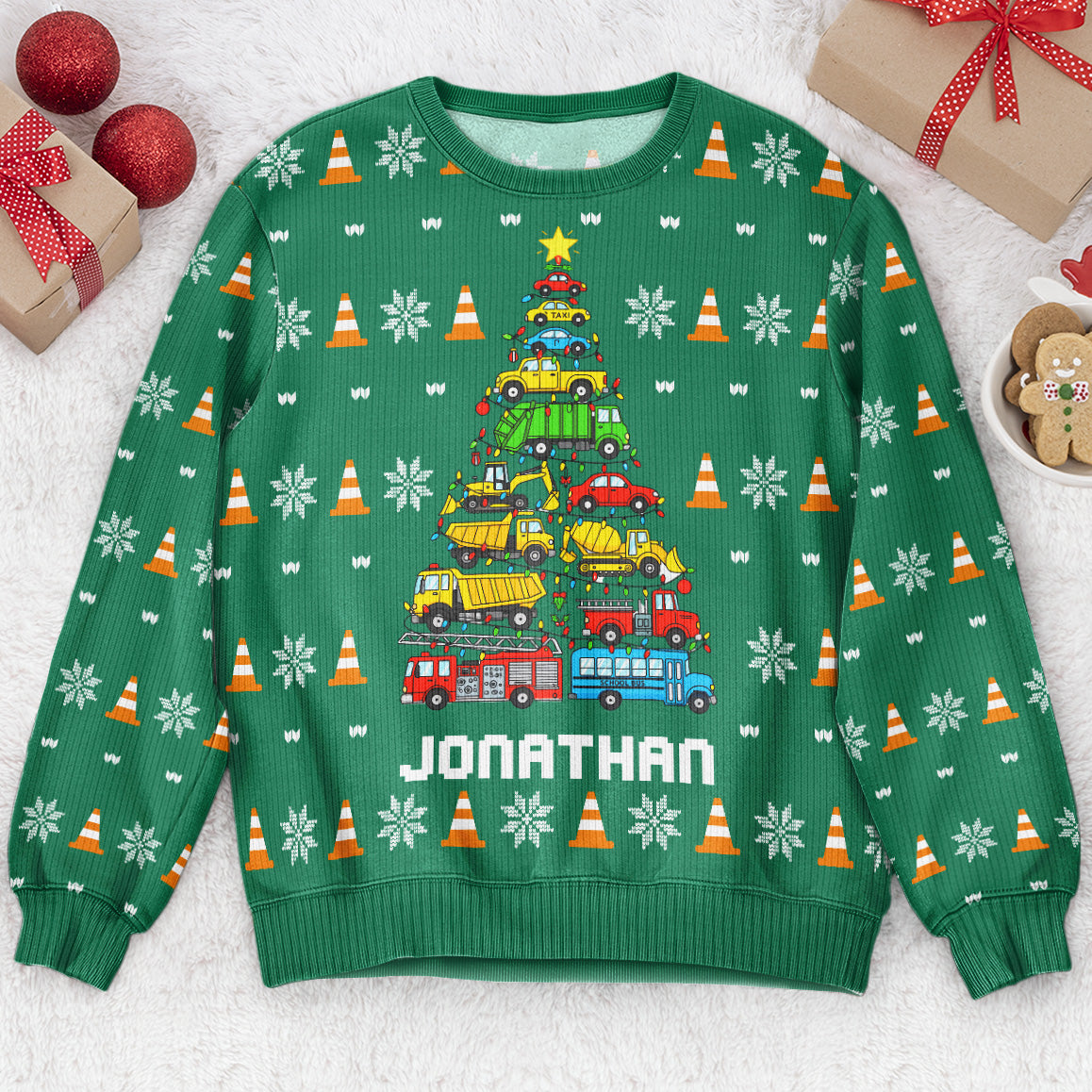 Kid Christmas Tree Construction And Dinosaur - Personalized Ugly Sweater