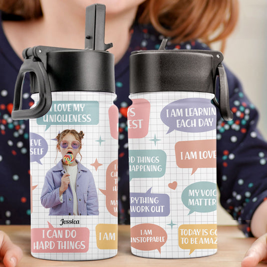 Kid Daily Affirmations - Personalized Photo Kids Water Bottle With Straw Lid