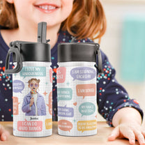 Kid Daily Affirmations - Personalized Photo Kids Water Bottle With Straw Lid