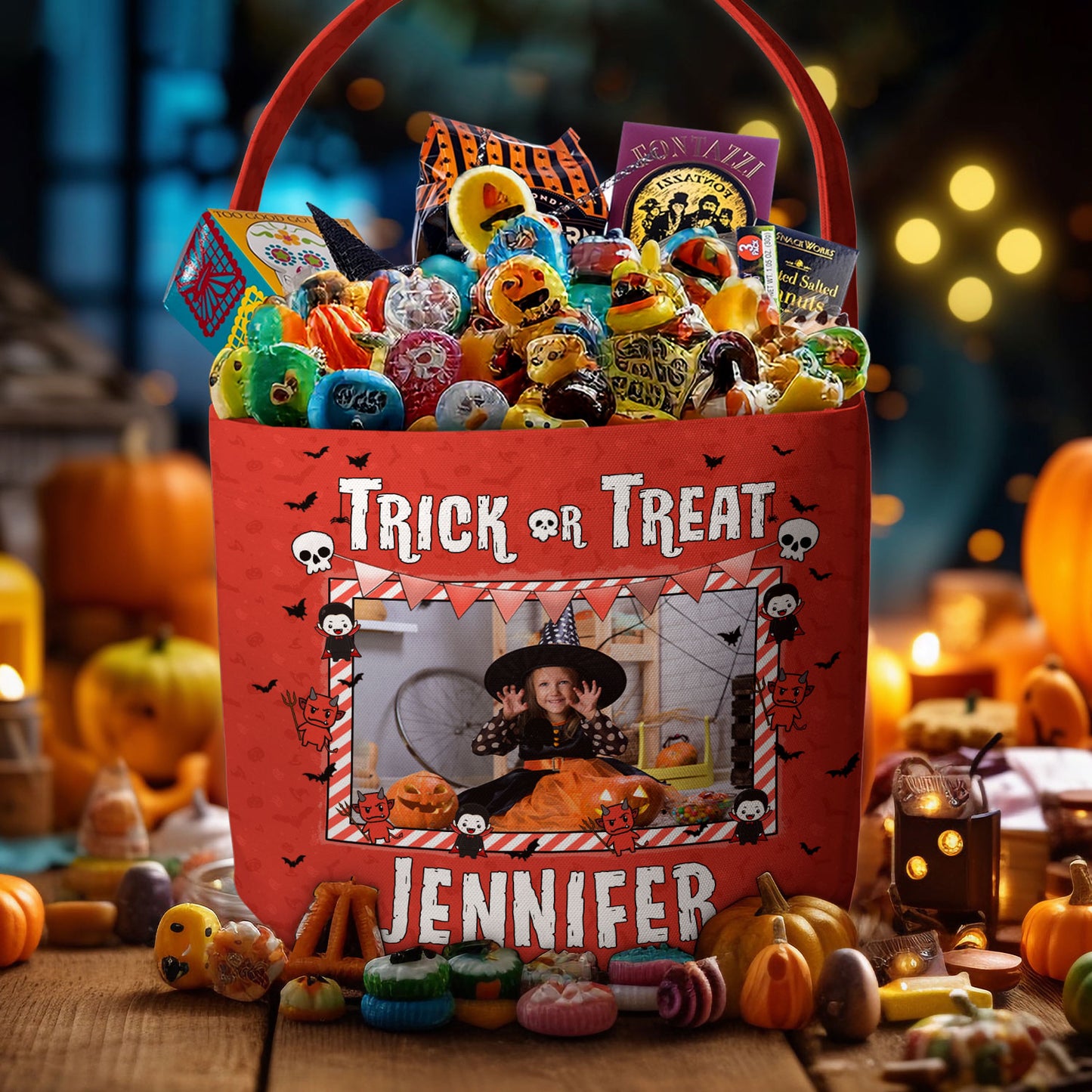 Kid Halloween Trick Or Treat Bag - Personalized Photo Halloween Spooky Basket